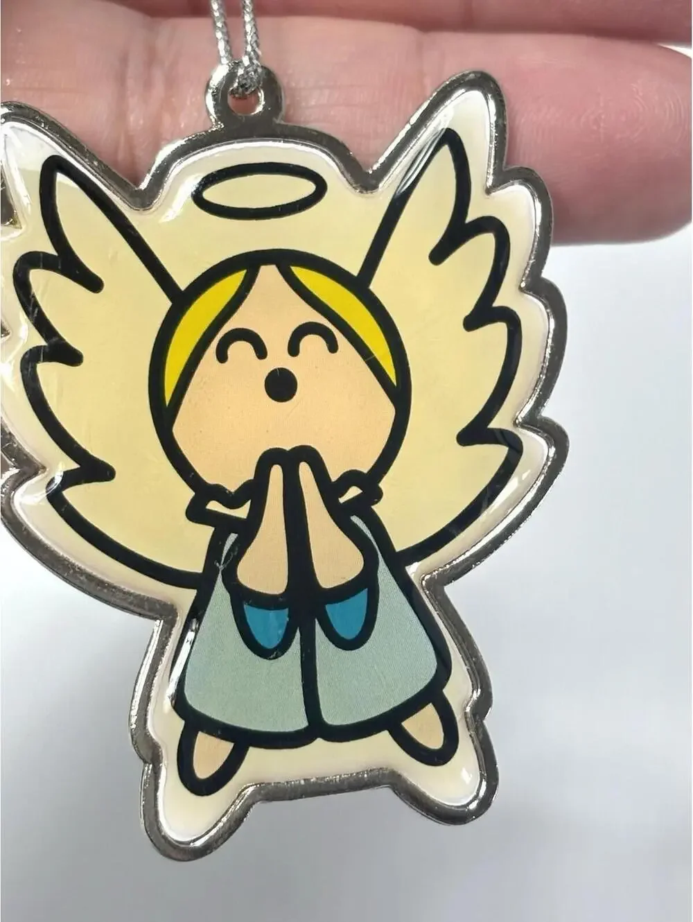 Praying Angel Metal Backed Ornament - Cute Cartoon Christmas Decor -Old